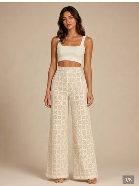 sundays Crochet Square Lace Wide-Leg Pants in Cream